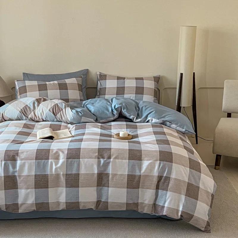 High Quality Grid Printed Flat Sheet Bedding Sets Light Luxury Cotton Soft Quilt Cover Single Double Bed Comfort Set for Adults