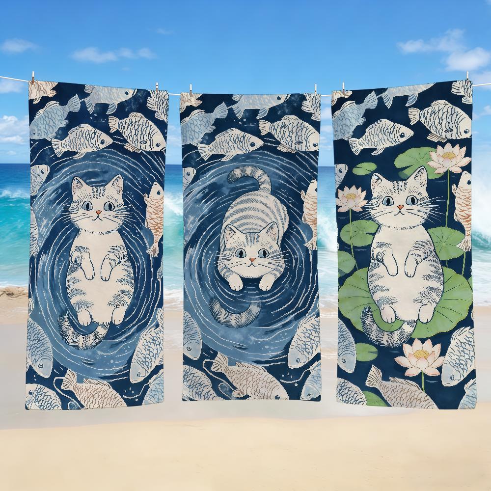 Fish Towel Textile Bathrobe Beach Pattern Quick-Drying Funny Cat Lightweight Portable Retro Camping Swim Pool Travel