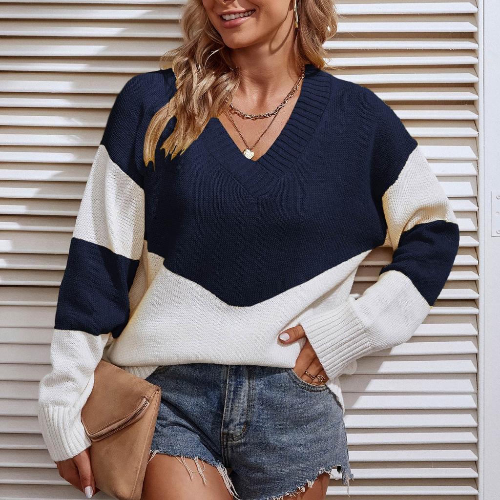 Women's Casual Fashion 2022 Long Sleeved Knitting Contrast Color Sweater Top