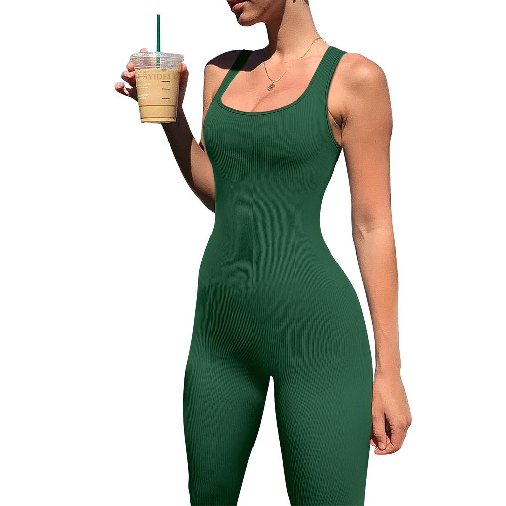 Ribbed Square Neck Sleeveless Bodysuit - Women's Solid Color Backless Slimming Sport Jumpsuit In Stock