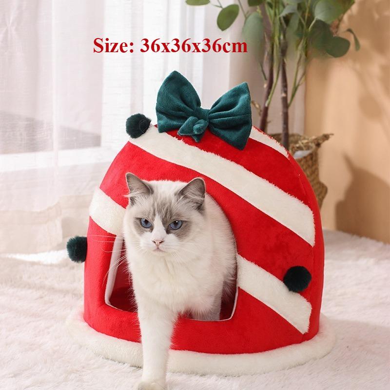 NEW Pet Bed House Winter New Arrival Thickened Fleece Warm Semi-Enclosed Christmas Cat Cage for Cats Dogs