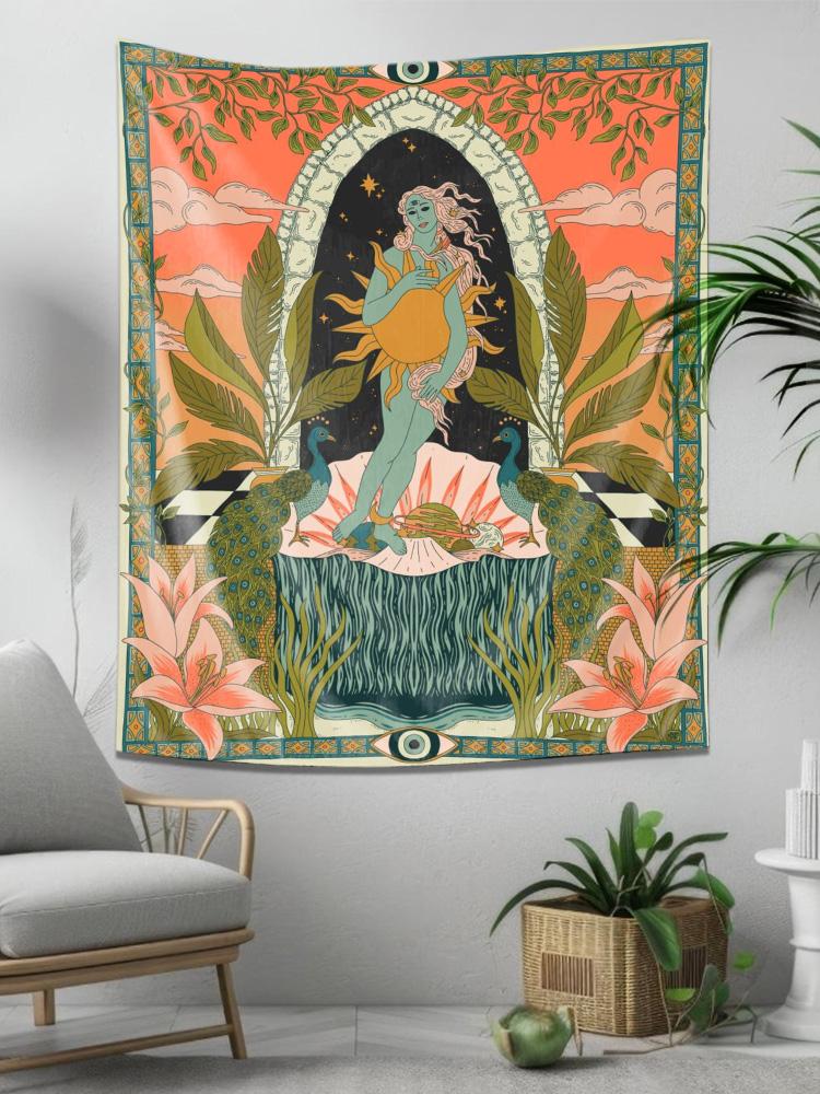 

Mythical Goddess Sun Moon Peacock Wall Tapestry Machine Washable All Season Decor Art Print Boho Spiritual Design Home nontoxic 74x94cm(29x37in)