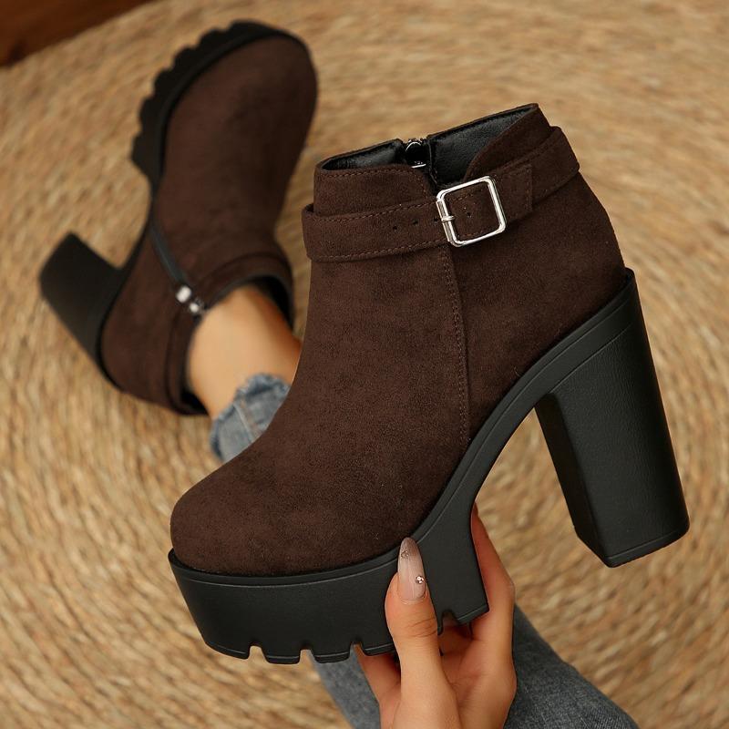 

Temperament Platform Booties Fashion Round Toe Suede Metal Buckle Zipper Non-Slip Plus Size Pumps 35