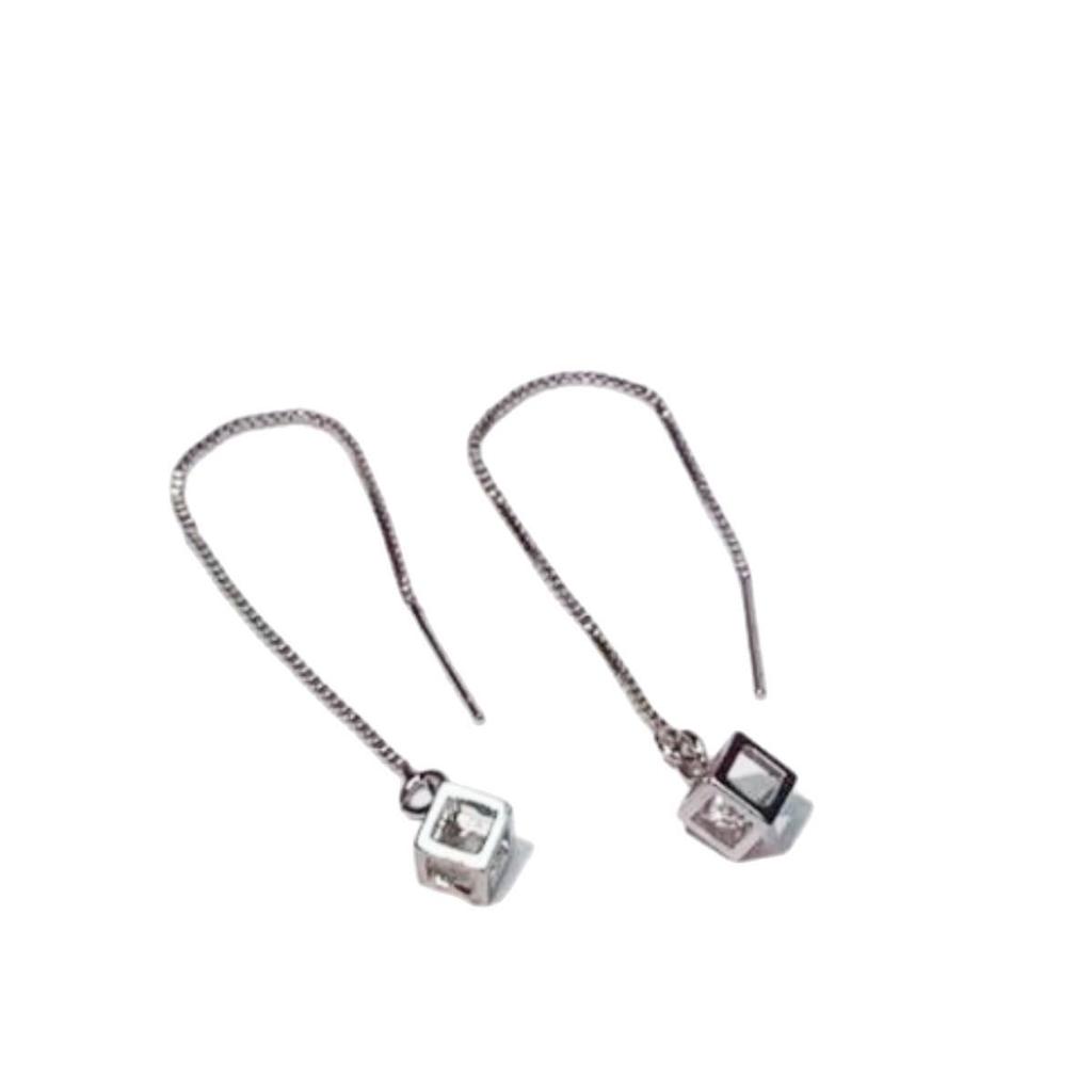 Korean Style Tassel Diamond Cube Long Dangle Earrings - Fashion Versatile Ear Wire Accessories