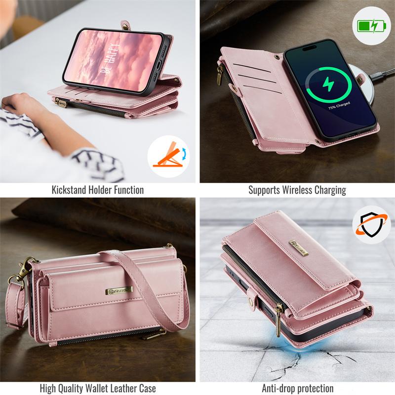 CaseMe Flip Leather Phone Case for iPhone 17 Pro Max 17E Air 16 Plus 16E 15 14 13 12 11 X XS XR SE 2022 8 Long Lanyard Zipper Wallet Multi Card Cover
