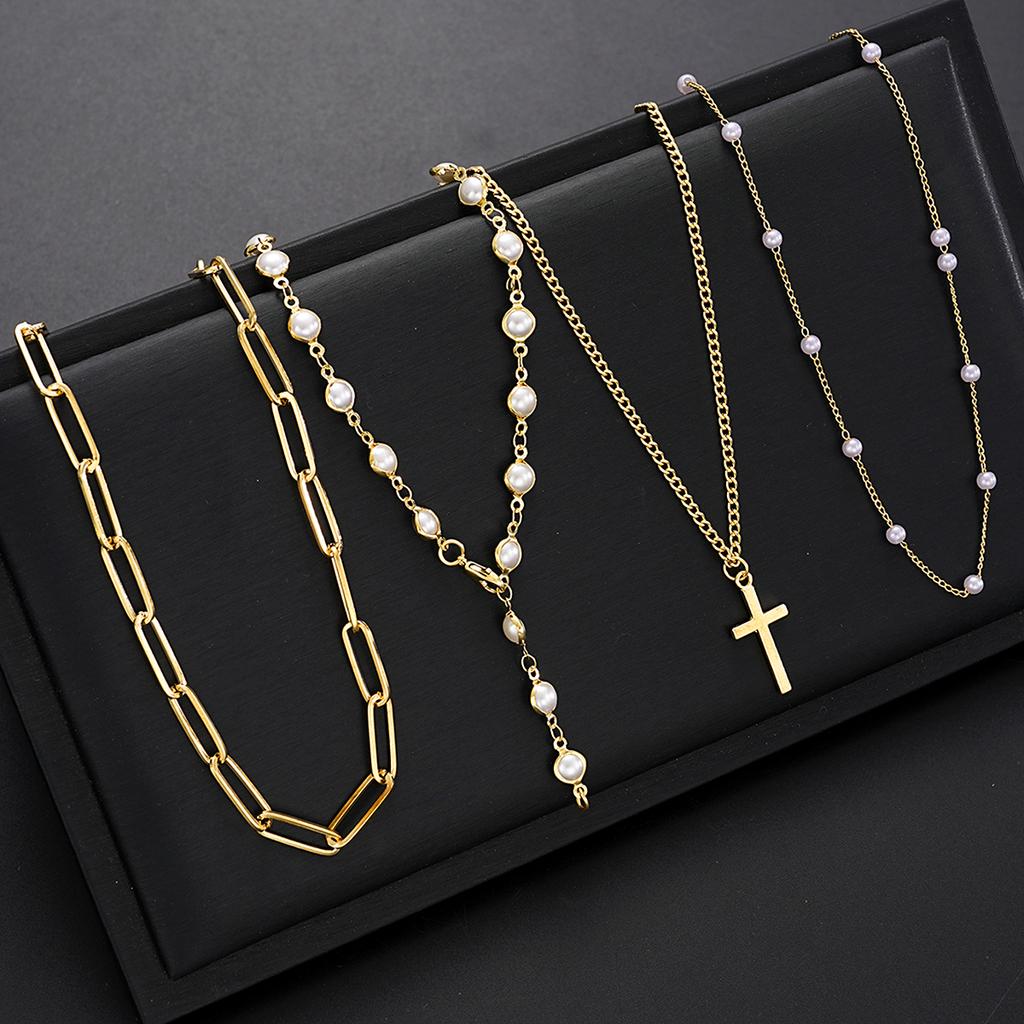 4pcs Vintage Metal Cross Pendant Y-Necklace Set Bohemian Gold Color Pearl Necklaces For Women Daily Vacation Dating Wear Jewelry
