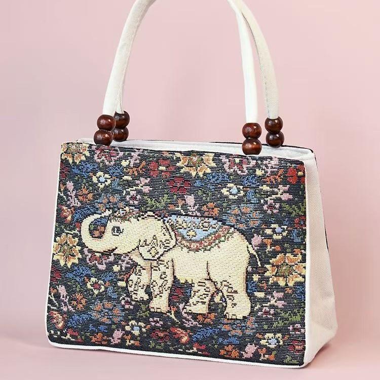 Yunnan Ethnic Style Double-layer Wooden Bead Bag Elephant Embroidery Bag Ethnic Fabric Bag