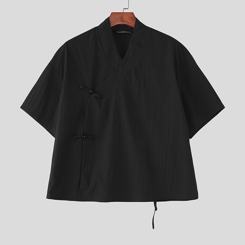 

INCERUN Summer Oversized Men V Neck Short Sleeve Retro Knot Casual Shirts Tops 4XL чёрный