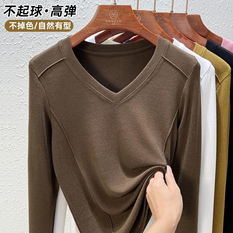 Front shoulder women's long-sleeved autumn new bottoming shirt design sense niche t-shirt white fishbone top women