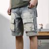 Hochwertige schwere Industrie gewaschen zerrissene Werkzeug-Denim-Shorts Herren Sommer Amerikanisch alt Mehrere Taschen locker gerade Hosen