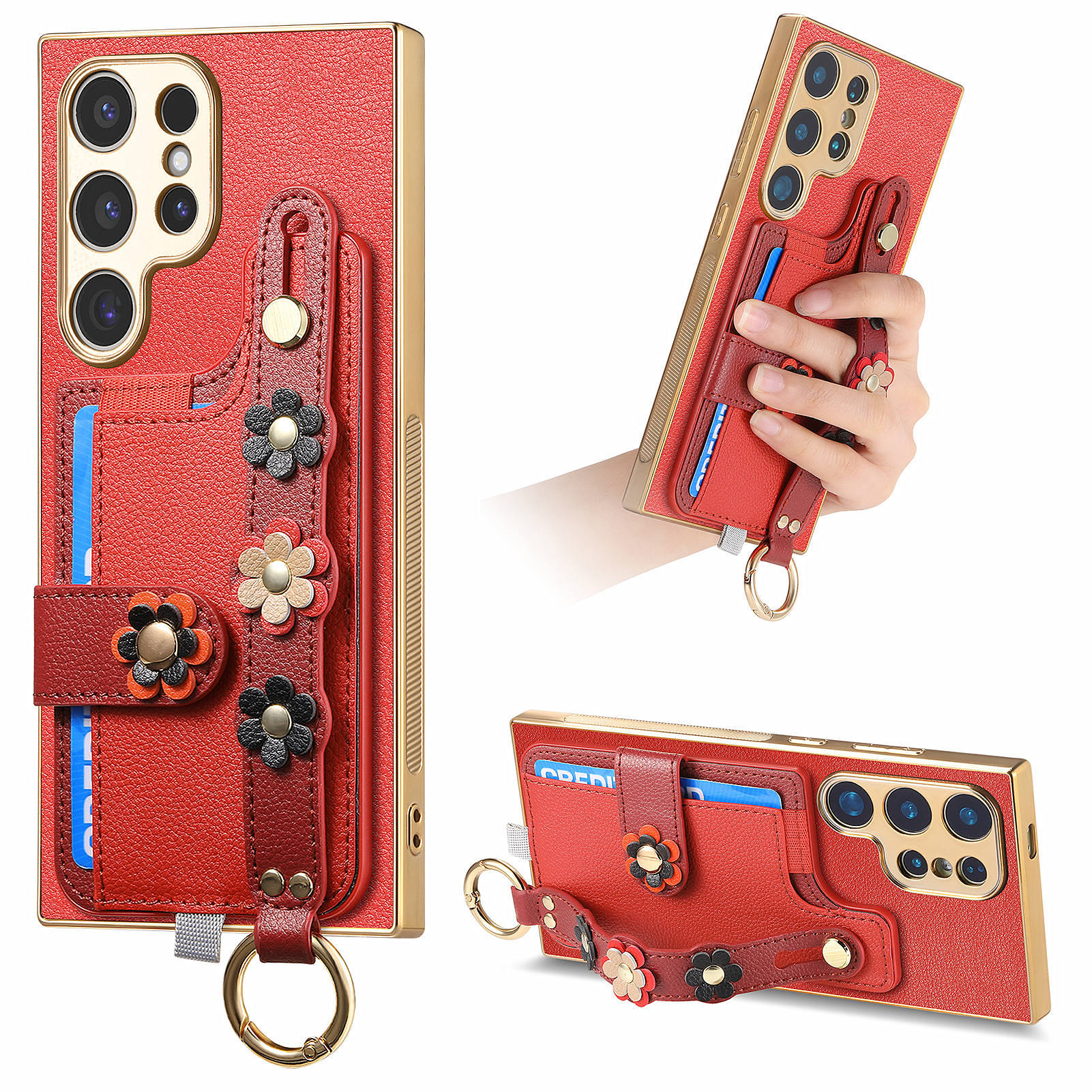 

W2 Series For Samsung Galaxy S23 Ultra Case 3D Flower Leather Phone Back Cover Wristband Kickstand Red