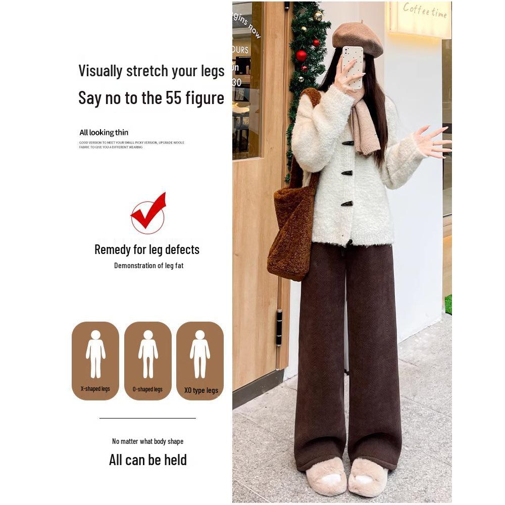 Women's Plus Size Herringbone Fleece-Lined Wide-Leg Pants, M-6XL, Autumn/Winter, High-Waisted, Thick, Casual, Straight