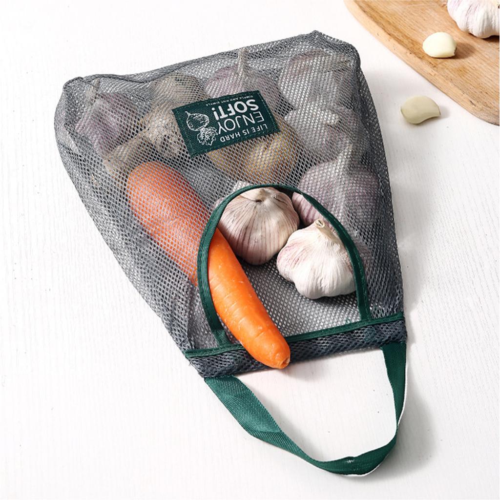 Breathable Mesh Hanging Storage Bag For Garlic Onion Spices Kitchen Vertical Space Saving Organizer Durable Polyester Material