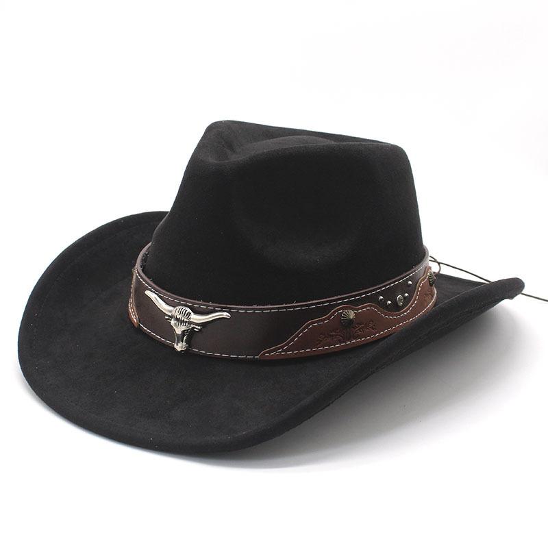 Retro Bull Head Western Cowboy Hat Men And Women, Tibetan Suede Jazz Hat, Big-Brimmed Top Hat
