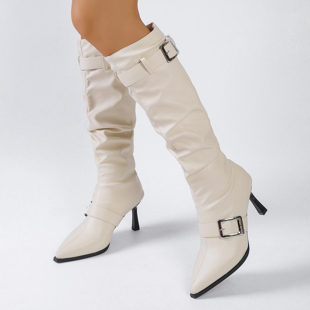 Fashion Aphixta Knee-High Sexy Woman Boots Metal Buckle Pleated Mid-Calf Soft Leather 8cm High Heels Women's Boots Long Boots 2025 Woman