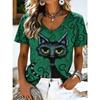 Halloween Women's T Shirt Print Graphic Cat Vintage Stylish Classic Short Sleeve V Neck Regular Tops