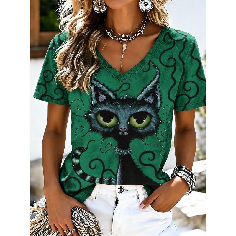Halloween Women's T Shirt Print Graphic Cat Vintage Stylish Classic Short Sleeve V Neck Regular Tops