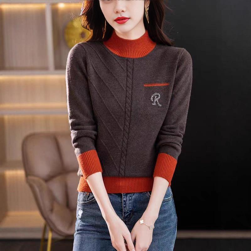 

Свитер с полувысоким воротником, толстый вязаный свитер с длинными рукавами для женщин на осень и зиму, свободный пуловер с цветными блоками one size коричневый