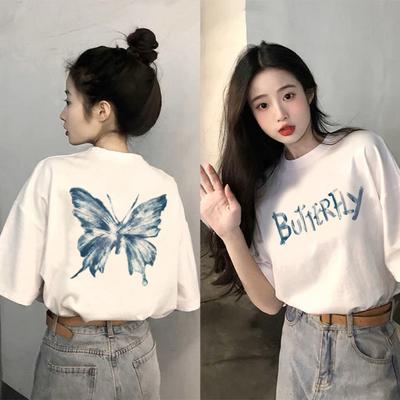 Mode Schmetterlingsdruck Kurzarm-T-Shirt Damen Sommer 2025 Neu Schwarz Locker Vordere Schulter Halbsleeve Baumwolle Oberteil Trendig