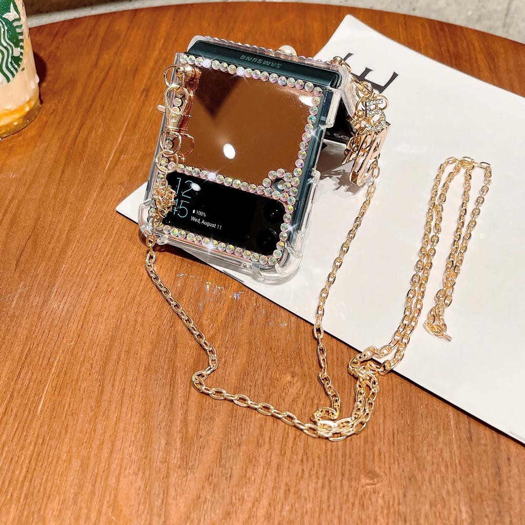 Applicable to Huawei P50pocketS camellia mirror zflip7 messenger chain flash diamond cartoon bear protective case
