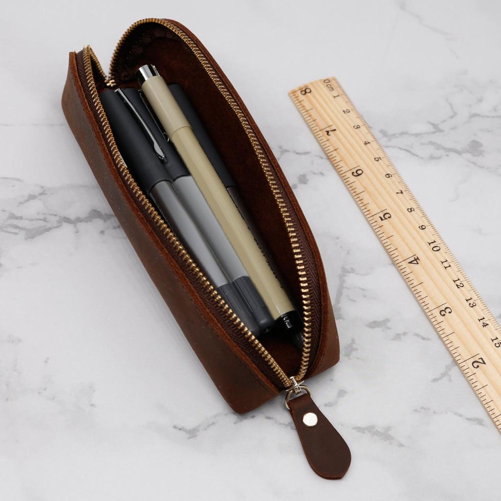 Collasaro Handmade Leather Pencil Case, Large Capacity, Stylish, Slim, and Simple (Brown)