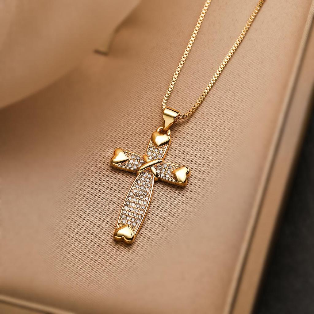 Aogu 18K Zlatem Plátovaný Zirkonový Křížek Přívěsek Náhrdelník - Dámský Minimalistický Retro Design