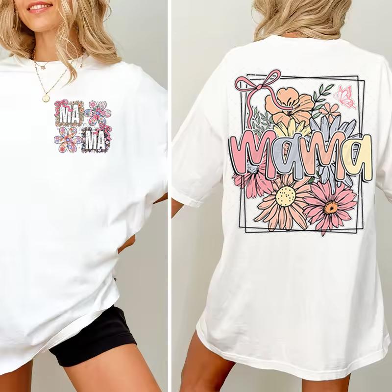 Boho Vintage Flower Mama T-Shirt Design Funny Gift for Mama Trendy Women Clothing Crew Neck Mother's Day Fashion Tops Clothes