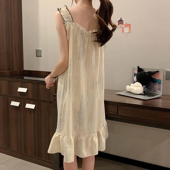 Schlafrock, weiblich, Sommer, süß, süß, Sling-Pyjama, mittellang, Nachtwäsche, Kleid, Homewear, ärmellose Pyjama-Sets für Frauen