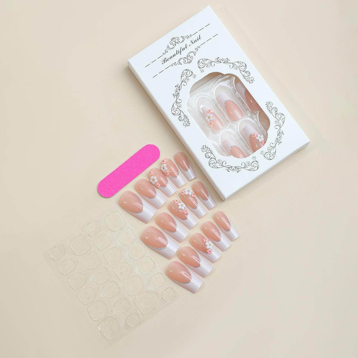 

French Camellia Nail Art Stickers - Glittering Fake Nails, Gentle & Pure, Set of 24