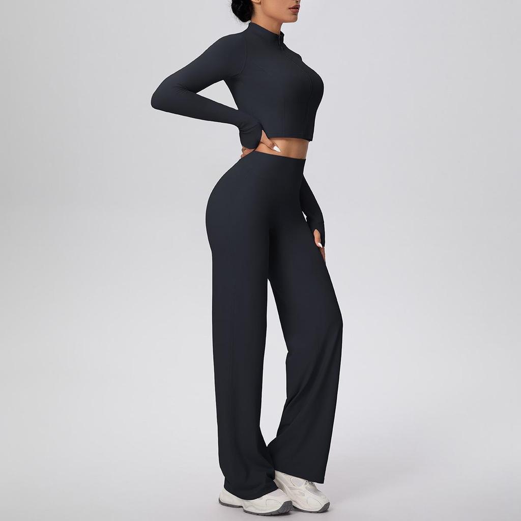 New Cross-border Solid Color Zip Jacket & Wide Leg Yoga Suit - Two-piece Fitness Set