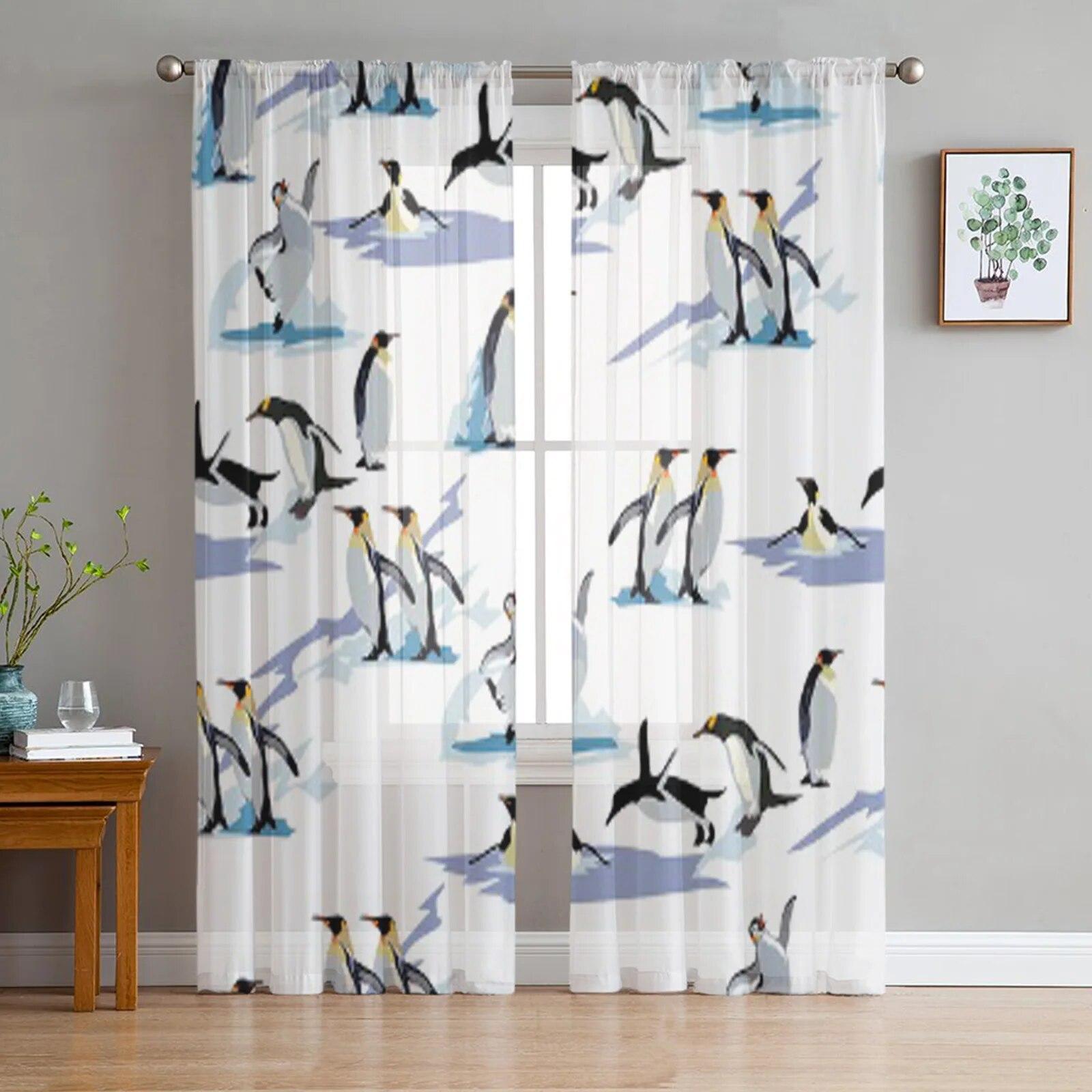 

Cool Penguin Hats Silhouettes Tulle Curtain For Living Room Sheer Valance Curtain For Kitchen Bedroom Window Drapes 135W x 114H(cm)