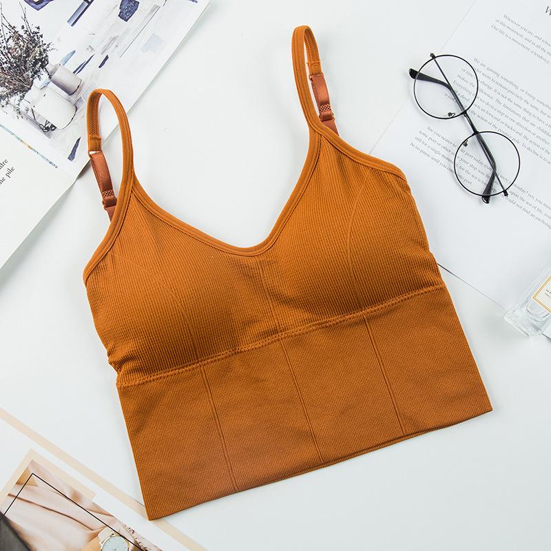 Women's Ribbed V-Neck Cami Top, Seamless U-Back Bralette with Built-in Bra