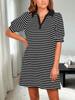 Womens Striped Polo T Shirt Dress V Neck Puff Sleeve Mini Dress with Pockets