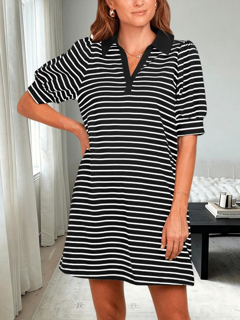 Womens Striped Polo T Shirt Dress V Neck Puff Sleeve Mini Dress with Pockets