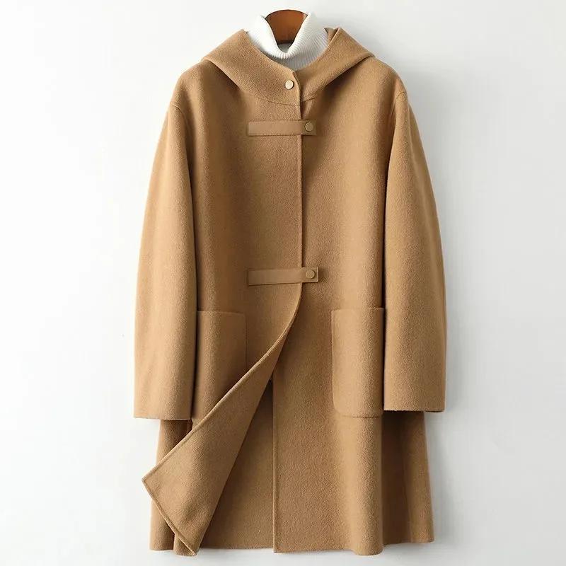 Women's Elegant Woolen Overcoat Large Pocket Loose-fit Fashionable Hooded Double-sided Jacket Trendy For All Seasons
