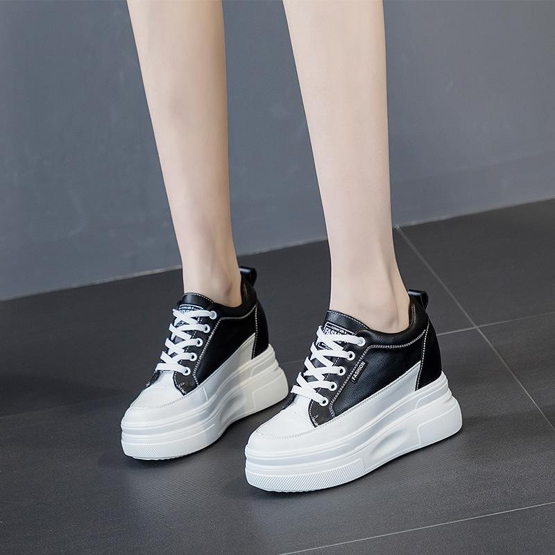 Inner height increase white shoes women's autumn 2025 new leather wedge heel women's shoes muffin thick sole 10CM casual single shoes