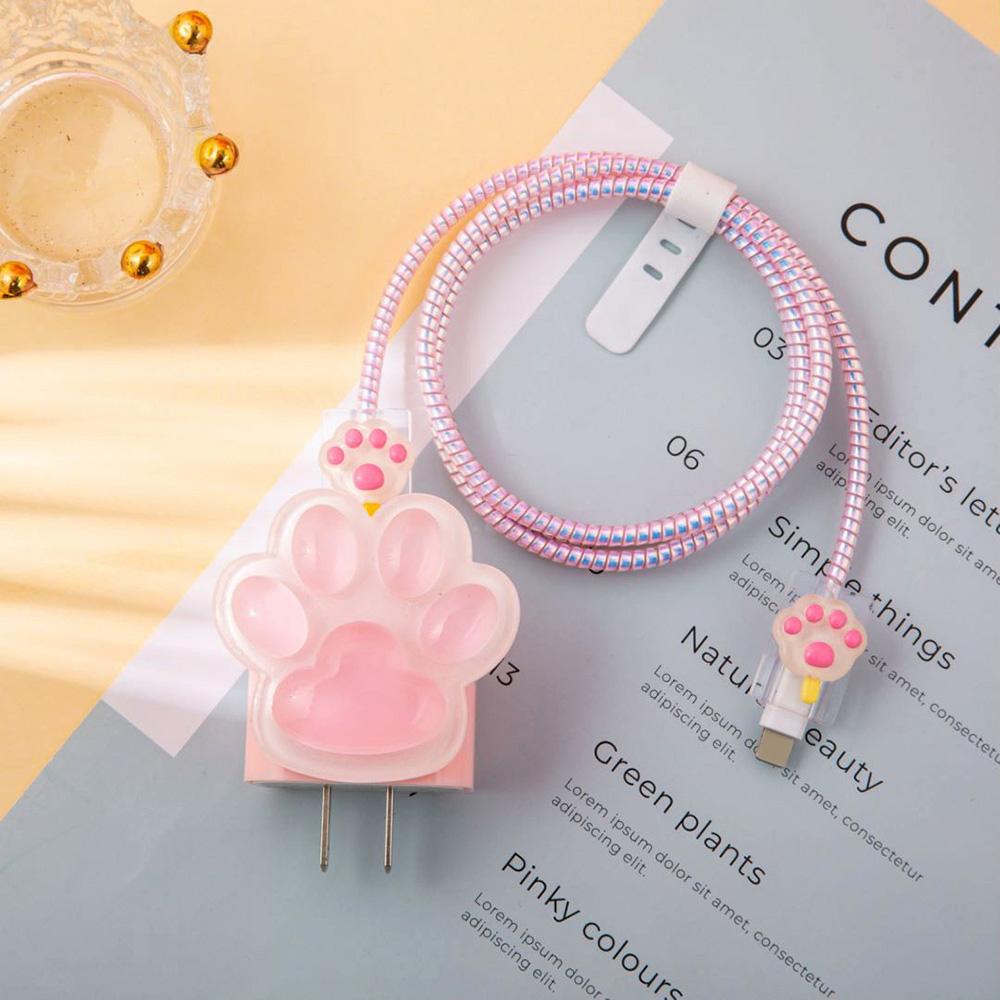 3D Cat Paw Design Charger Cable Protector Cover For iPhone 16 15 14 13 12 18W 20W Original Charger Data Cord Winder Protective