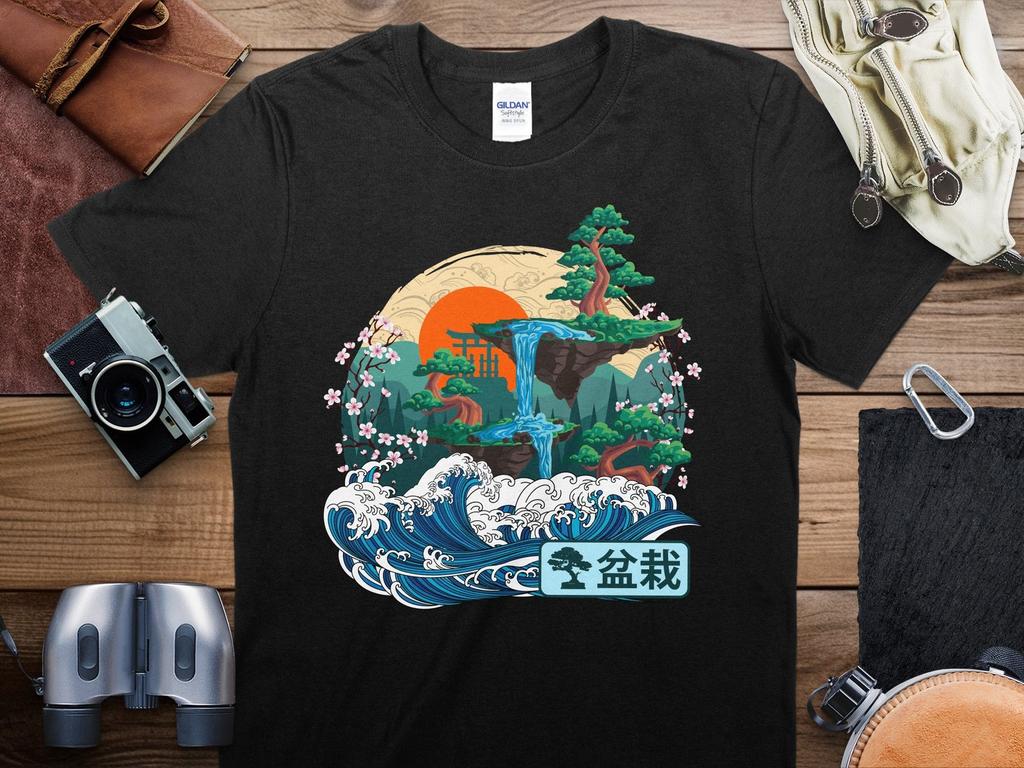 Japanese Style Nature T-Shirt, Traditional Art Wave Graphic Tee, Sunset Mountain Cherry Blossom Unisex Apparel