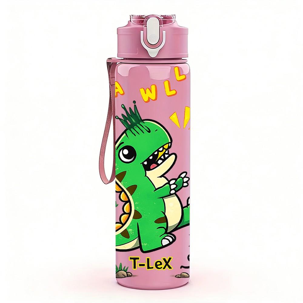 1PC Green Dinosaur Fun Kids Cartoon Print 750ml Color Plastic Sports Water Bottle Leakproof Flip Straw Lid Suitable for Sports Office Home Use