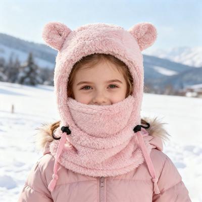 Kinder skimuts effen kleur met berenoortjes, 3-in-1 gezichtsmasker/sjaal/hoofdbedekking, winddichte fleece muts voor koud weer met verstelbare koordjes.