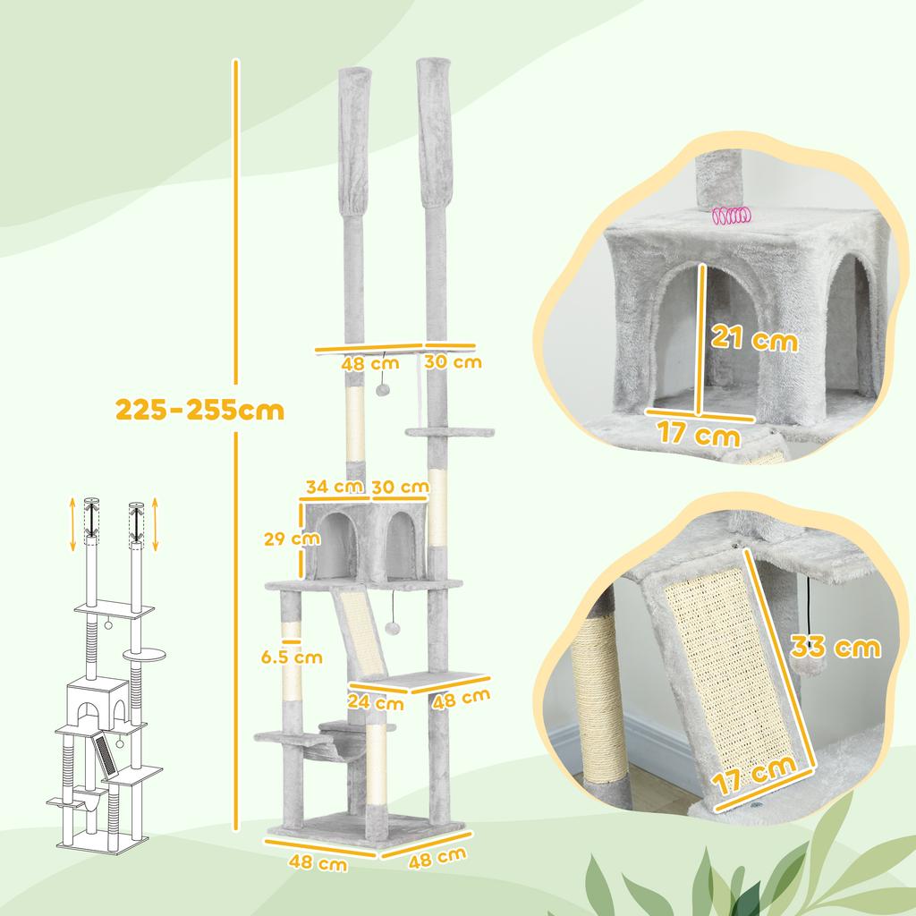 Adjustable Height Ceiling Cat Tree 225-255cm with House and Hammock, Light Grey