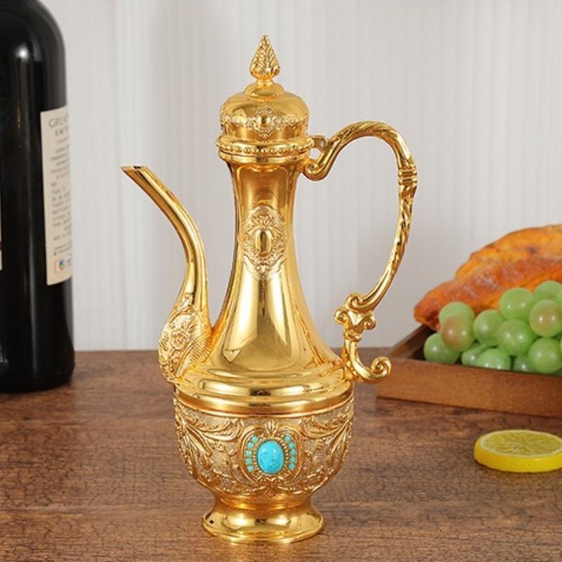 European Wine Set, Alloy Blue Inlaid Gem Wine Glass Set, Golden Vintage Wine Bowl, Old Wine Pot Home Living Room Decoration,1Set