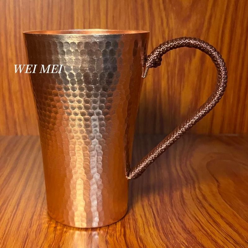Pure Copper Coffee Mug, 400 ml Camping Breakfast Cup,Vintage Handcrafted Woven Handle Hammer Texture Home Tea Cup Drinkware