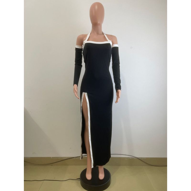

European and American Summer New Sexy High Slit Hanging Neck Dress Sexy Slit Hanging Neck Dress Black 2XL