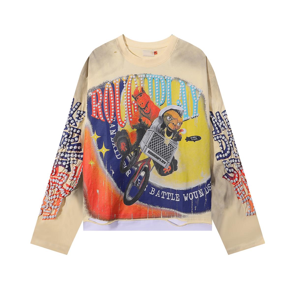 

ET Biker Rhinestone Long Sleeve T-Shirt, Vintage Washed Unisex Streetwear Top XL