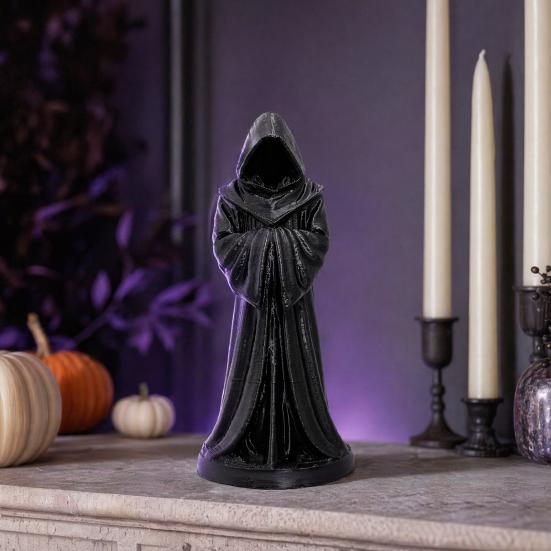 3D Printed Hooded Robe Ornament, Matte Black Faceless Monk Figurine, Gothic Style Sculpture, for Halloween Indoor Outdoor Decor
