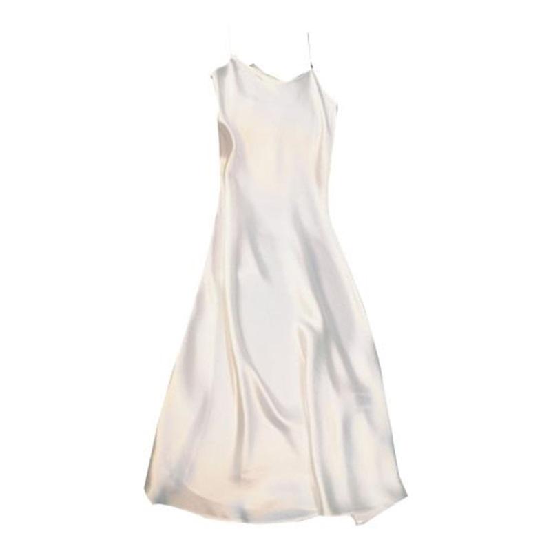 Women Slip Dress Silky Satin V Neck Spaghetti Strap Solid Color Plus Size A-line Loose Hem Backless Sleeveless Strappy Dress Prom Party Midi Dress