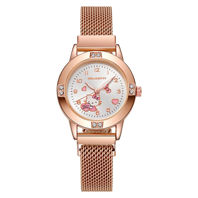 Fashion Hello Kitty Diamond Watches Women Cat Bow Kawaii Pink Ladies Gold Sliver Metal Jewelry Cartoon Magnetic Watch Girls KT