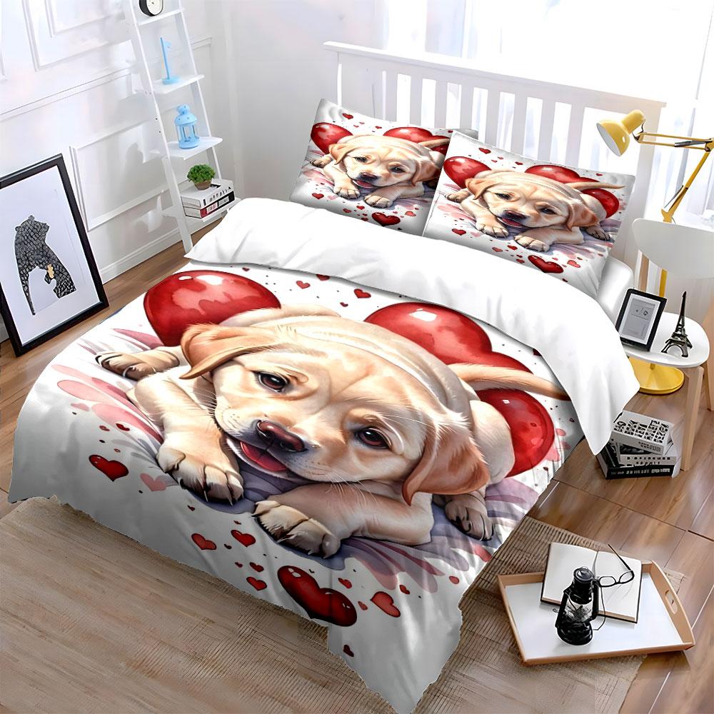 Cute Puppy with Red Hearts Bedding Duvet Cover Set Duvet Cover Pillowcases (1 * Duvet Cover 2 * Pillowcases, Without Duvet Insert)