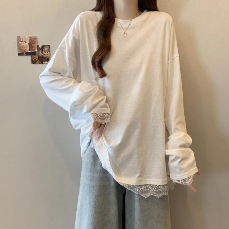 Lace-Trimmed Loose White T-Shirt for Plus Size Women XL Plus